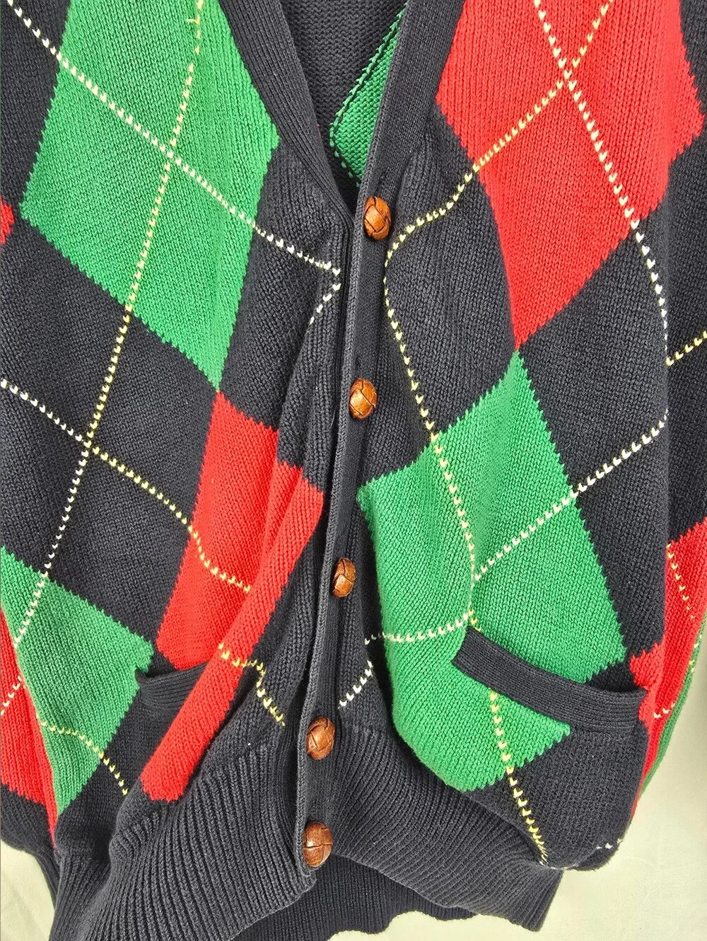 Pringle of Scotland Hand Intarsia VTG Argyle Golf Preppy Sweater Cardigan sz M